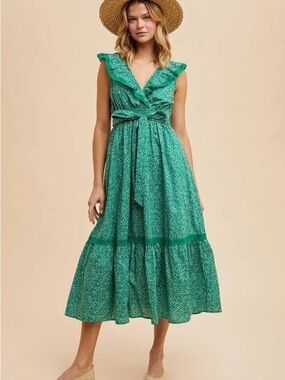 Cotton Pink-Blush Green Ruffle-Trim Midi Dress with Waist Tie